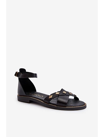 model 21657362 Ploché Dámské Kožené Sandály Černé - Zazoo