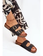 Dámské pantofle na korkové platformě s přezkami – černé