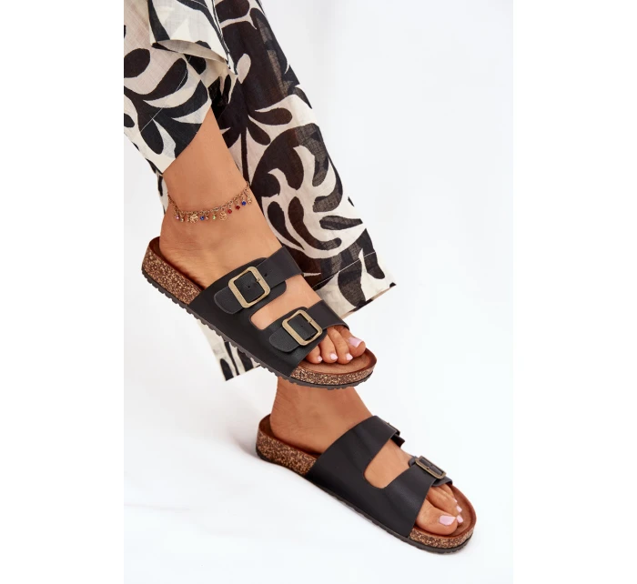 Dámské pantofle na korkové platformě s přezkami – černé