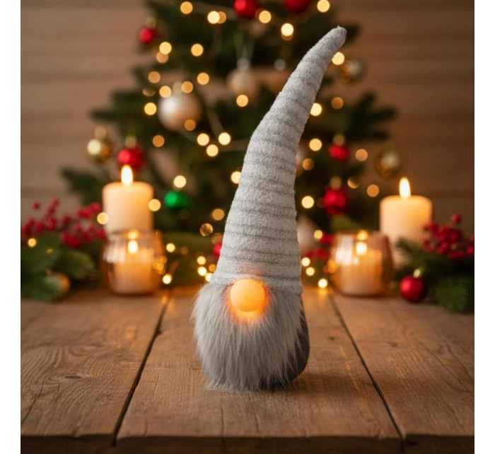 SKŘÍTEK S DLOUHÝM BÍLÝM KLOBOUKEM A SVÍTÍCÍM NOSEM 42CM