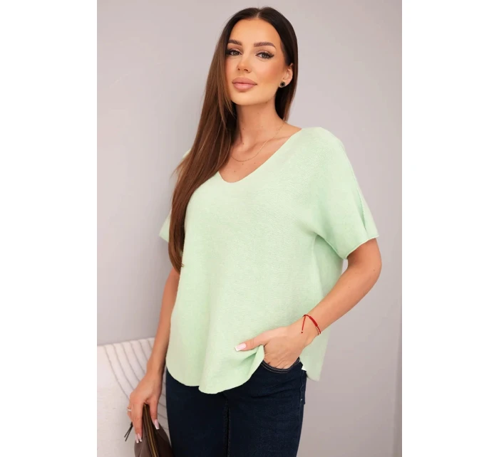 Dámská svetr s krátkým rukávem a výstřihem do V mátová