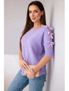 Svetr dámský s krátkým rukávem a ozdobnými mašličkami fialový