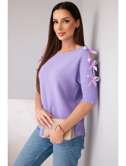 Svetr dámský s krátkým rukávem a ozdobnými mašličkami fialový Svetr dámský s krátkým rukávem a ozdobnými mašličkami fialový