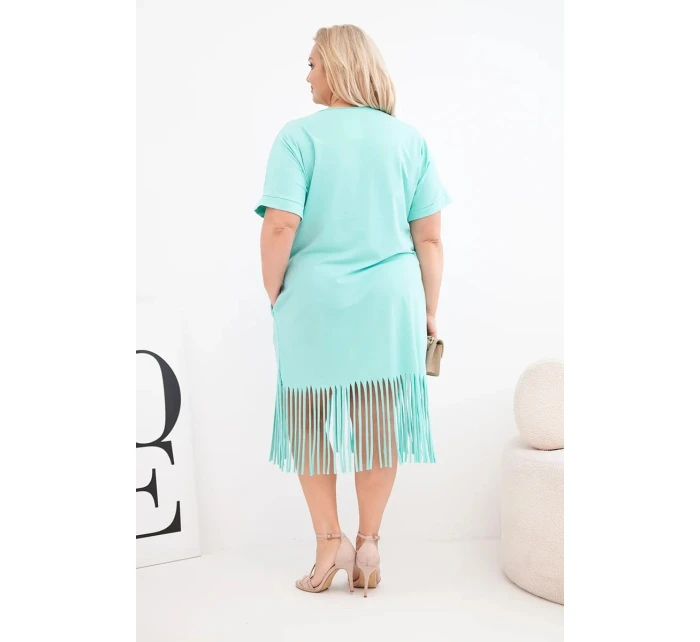 Dámské bavlněné šaty s výstřihem do V a třásněmi Plus Size mátová