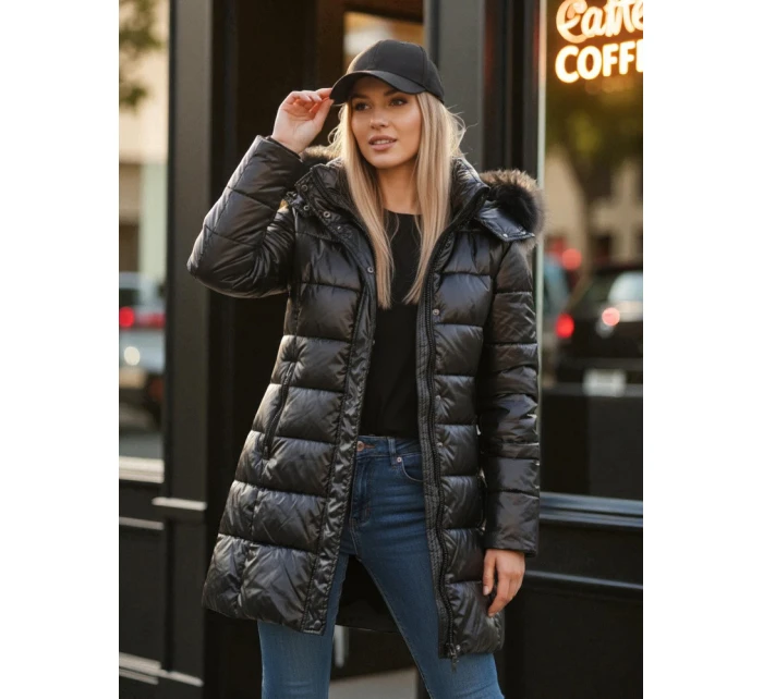Dámská prošívaná zimní bunda s kožešinou SHINE černá FashionStreet TY4483z