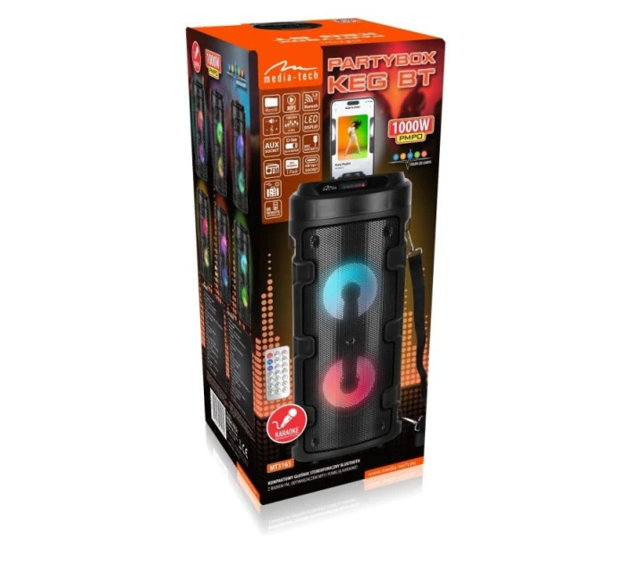 MEDIA-TECH PARTYBOX KEG BT- KOMPAKTNÍ BLUETOOTH STEREO REPRODUKTOR S FM RÁDIEM, MP3 PŘEHRÁVAČEM MT3165