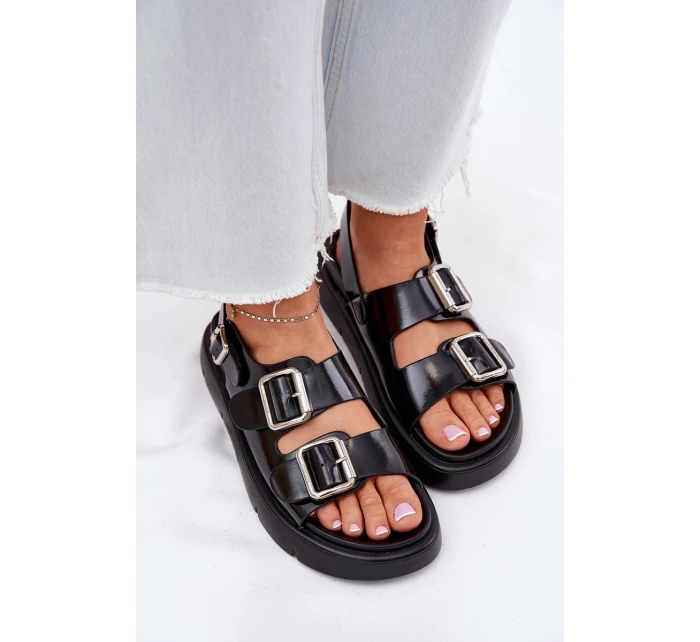 Kožené Lakované Dámské Sandály S Přezkami Big Star RR274662 Černé Kožené Lakované Dámské Sandály S Přezkami Big Star RR274662 Černé