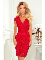 Červené krajkové dámské šaty s krátkými rukávy a dekoltem 316-1