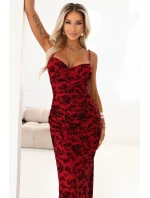 645-2 Přiléhavé maxi šaty s obálkovým výstřihem a rozparkem - vínové s elegantním vzorem