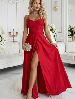 646-3 Dlouhé společenské šaty bez ramínek s rozparkem na nohou - červené