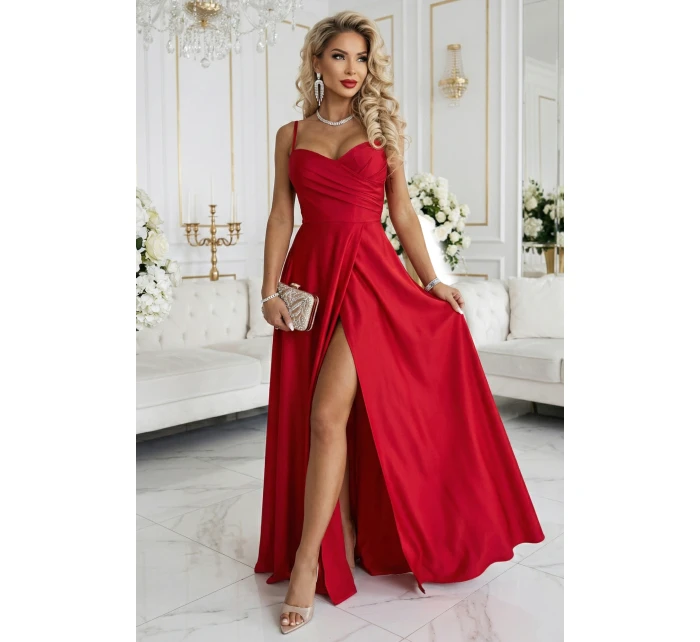 646-3 Dlouhé společenské šaty bez ramínek s rozparkem na nohou - červené