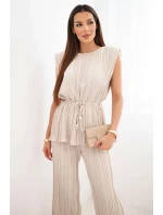 Dámský viskózový komplet s halenkou a širokými kalhotami béžový model 22025290 - K-Fashion Dámský viskózový komplet s halenkou a širokými kalhotami béžový model 22025290 - K-Fashion