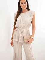 Dámský viskózový plisovaný komplet s vázanou halenkou a širokými kalhotami béžový