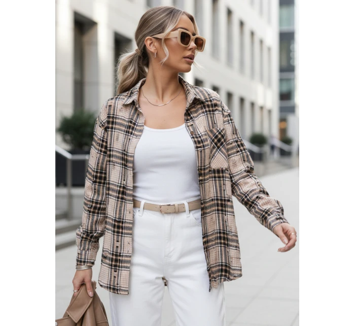 Koszula w kratę damska z przetarciami beżowa FashionStreet DY0485