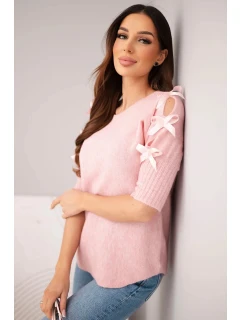 Svetr dámský s krátkým rukávem a ozdobnými mašlemi tmavě pudrově růžový