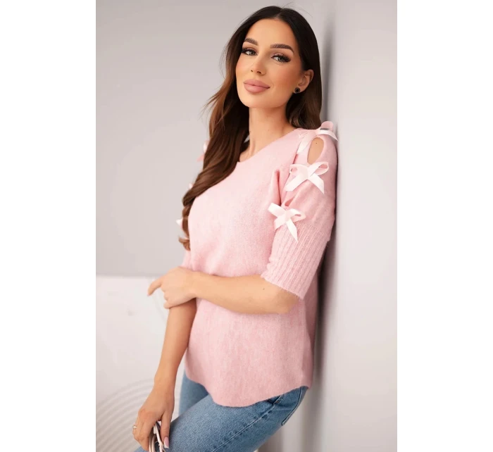 Svetr dámský s krátkým rukávem a ozdobnými mašlemi tmavě pudrově růžový