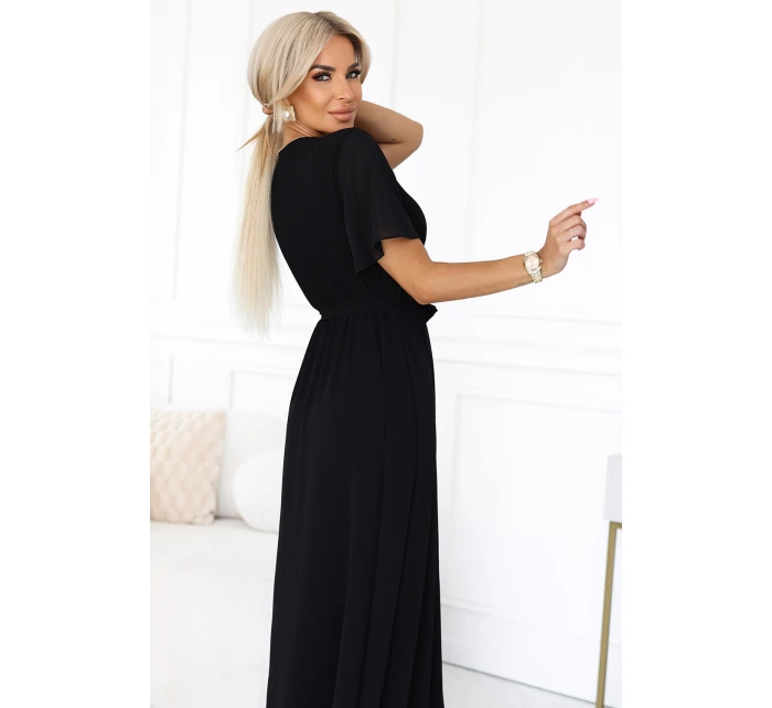 545-5 Dlouhé šaty se skládaným výstřihem a vázáním - ČERNÁ