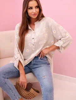 Lněná dámská halenka s květinovým vzorem, dlouhými rukávy a knoflíky béžová + bílá