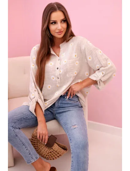 model 21911576 dámská halenka s květinovým vzorem, dlouhými rukávy a knoflíky béžová + bílá - K-Fashion