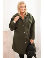 Dámský kabát Plus Size s vlnou na knoflíky s kapsami a límcem khaki