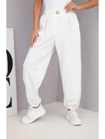 Dámské bavlněné kalhoty s vysokým pasem a ozdobným knoflíkem ecru