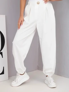 Dámské bavlněné kalhoty s vysokým pasem a ozdobným knoflíkem ecru