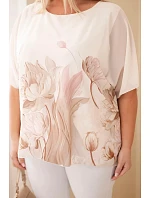 Dámská halenka Plus Size s květinovým potiskem a volným rukávem camelová