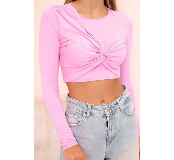 Dámská halenka s dlouhým rukávem a efektními volánky na prsou světle růžová Dámská halenka s dlouhým rukávem a efektními volánky na prsou světle růžová