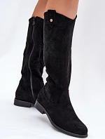 Kozáky Na Plochém Podpatku S Krajkovým Vzorem Černé S.Barski HY51-062