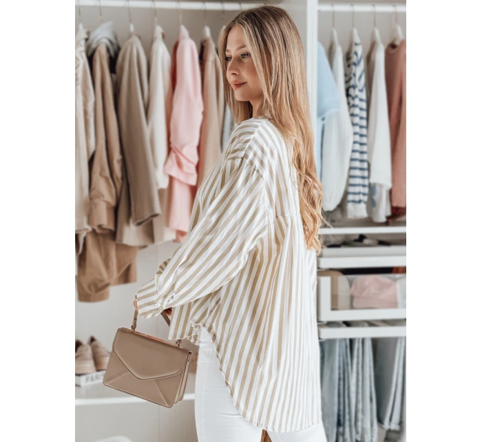 Dámské oversize tričko s prodlouženým zadním dílem SAMONE v béžové barvě s bílými pruhy FashionStreet DY0463