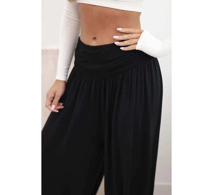 Dámské viskózové kalhoty s širokými nohavicemi a volánky černý