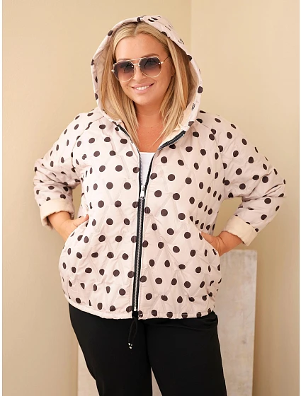 Dámská bunda Plus Size s kapucí a puntíky béžová