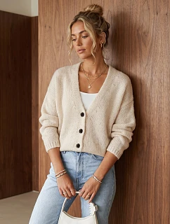 Kardigan damski luźny na guziki jasnobeżowy FashionStreet MY2575