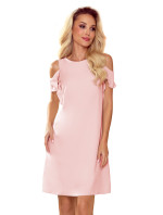 Trapézové dámské šaty v pastelově růžové barvě s volánky na ramenou 359-1