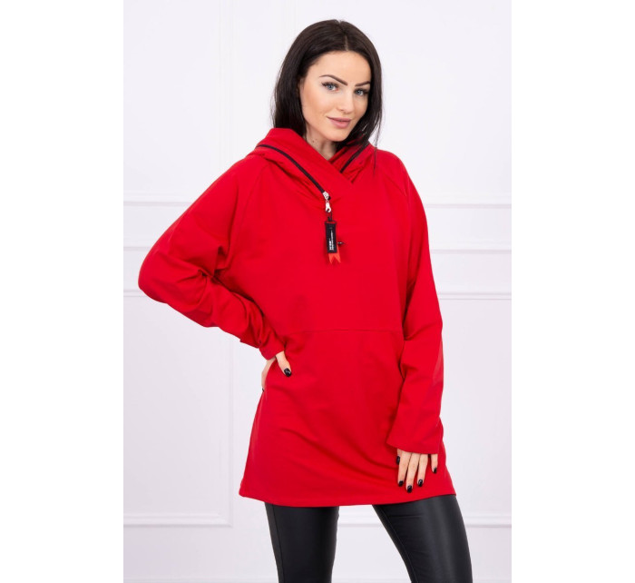 Oversize tunika na zip s kapucí červená