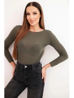 Dámská blůza z kašmíru s kulatým výstřihem a dlouhým rukávem khaki