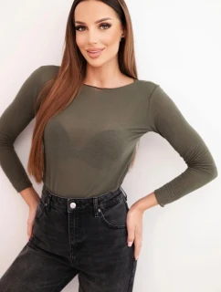 Dámská blůza z kašmíru s kulatým výstřihem a dlouhým rukávem khaki