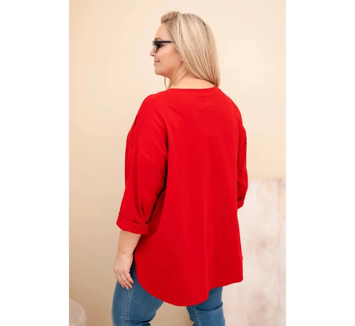 Dámská blůza Plus Size s bavlnou, kapsou a ohrnutým rukávem červená