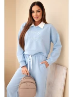 Dámský komplet máslová mikina s límečkem a rovné kalhoty modrý