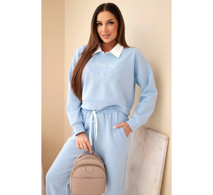 Dámský komplet máslová mikina s límečkem a rovné kalhoty modrý