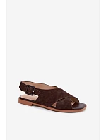 Kožené Semišové Dámské Sandály Na Ploché Podpatky D&A model 22133766 Čokoládové - S.Barski