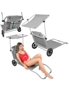 Skládací plážové lehátko se stříškou na kolečkách 116x62x62-90CM šedé