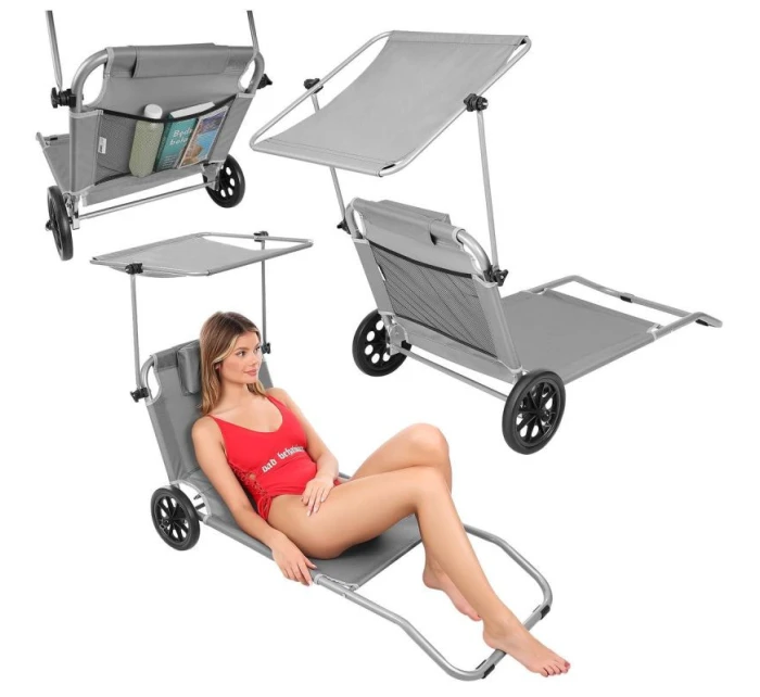 Skládací plážové lehátko se stříškou na kolečkách 116x62x62-90CM šedé Skládací plážové lehátko se stříškou na kolečkách 116x62x62-90CM šedé