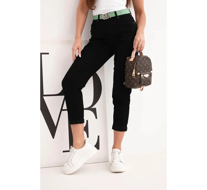 Dámské džíny mom fit s vysokým pasem a zeleným páskem černé