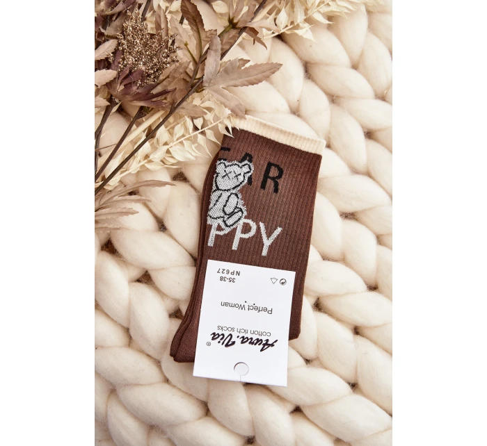 Dámské bavlněné ponožky s nápisem a model 21645051 hnědé - Aura.via