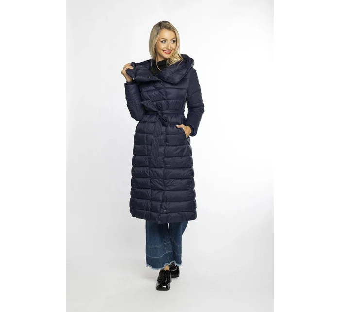 Tmavě modrý prošívaný kabát s vysokým stojáčkem a kapucí model 21247307 - Ann Gissy