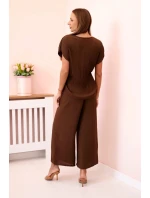 Viskózový komplet plisovaná halenka + kalhoty hnědý