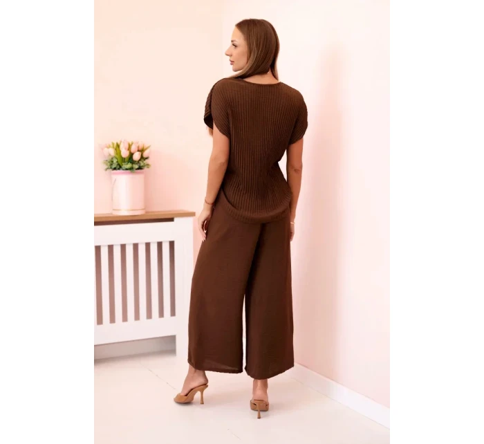 Viskózový komplet plisovaná halenka + kalhoty hnědý