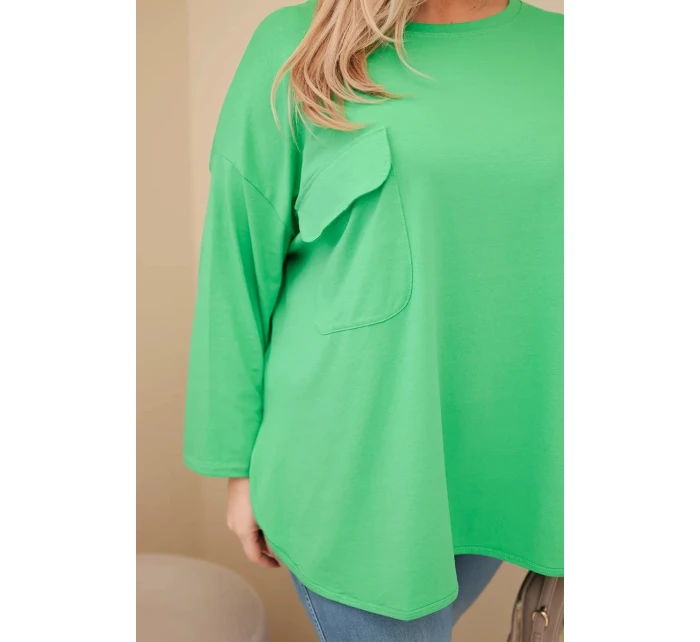 Dámská blůza Plus Size s kapsou a ohrnovacími rukávy z bavlny světle zelená