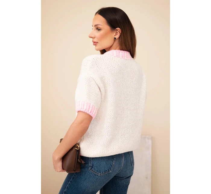 Dámský svetr s krátkým rukávem a model 21949248 lemováním béžový - K-Fashion